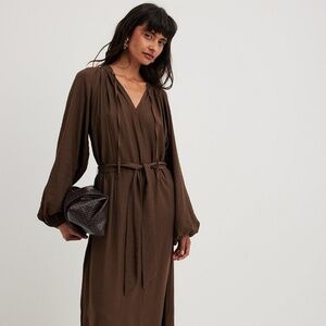 NA-KD Brown Boho Structured Volume Midi Dress - Size Small (EU 34)